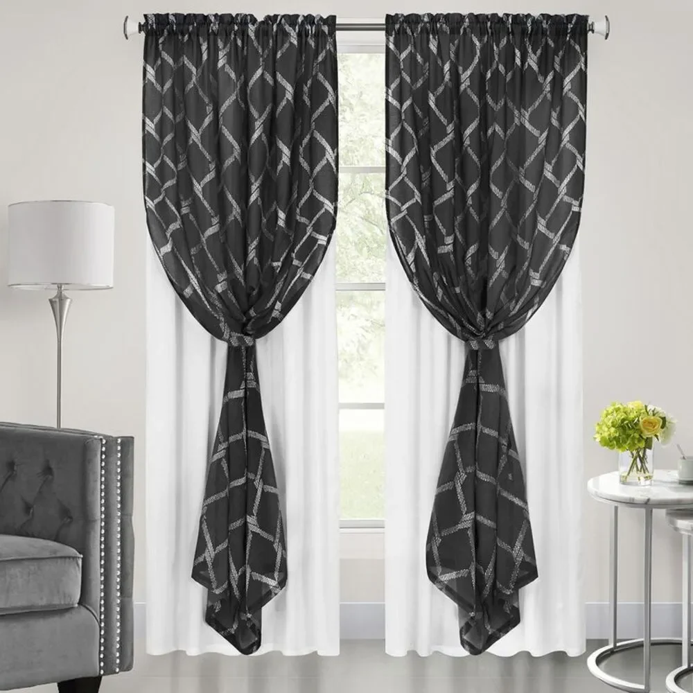 Achim Home Furnishing Bombay Black Contemporary Geometric Window Curtain Panels